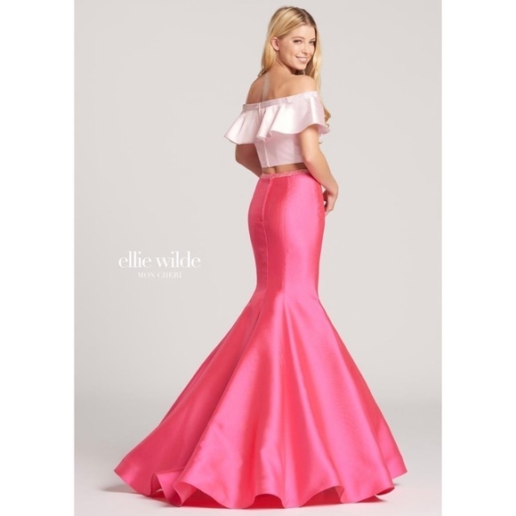NWT Ellie Wilde by Mon Cheri Hot Pink Two Piece Off Shoulder Satin Formal Dress - Picture 2 of 16